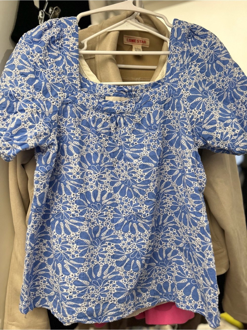 LOFT Blue White Floral Eyelet Scoop Neck Blouse